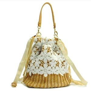 Chic White and Tan Woven Shoulder Bag with Gold Hardware